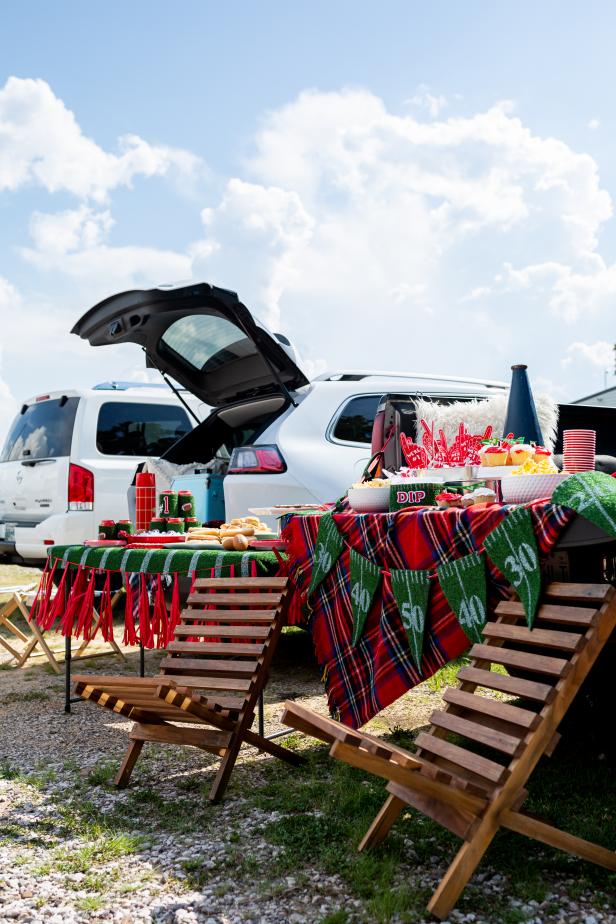 Tailgating Tables With Astroturf Table Runners and Pendants